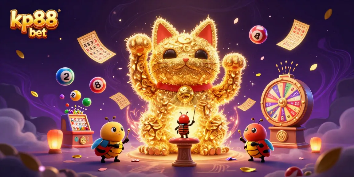 Join the kp88 bet experience surrounded by vibrant lottery elements and a lucky cat in a dynamic casino scene.
