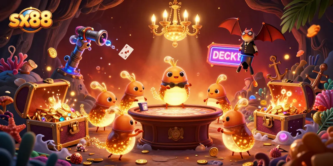 Sparkling sx88 casino scene with glowworms, treasure chests, and a bat dealer creating a lively atmosphere.