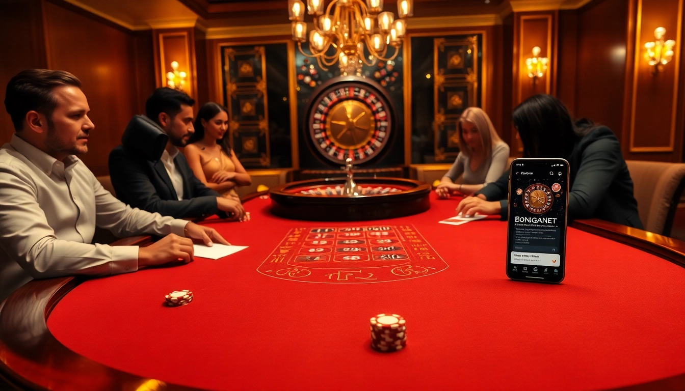Bongdanet betting scene showcasing an elegant casino table with live updates and excited players.