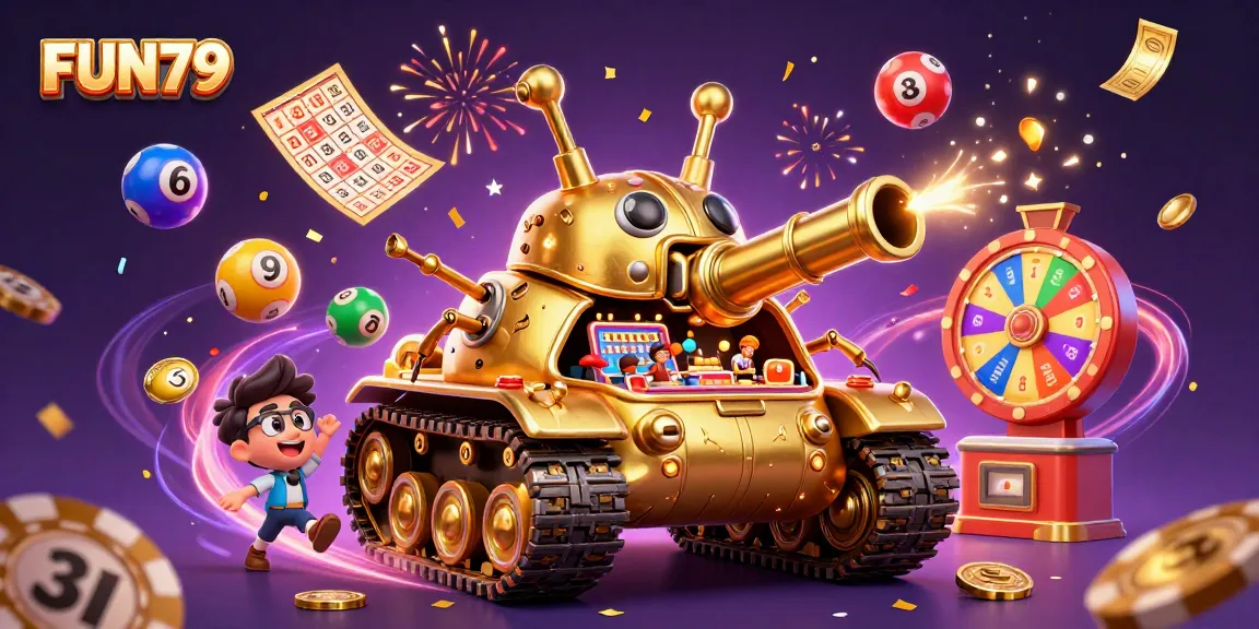 Experience the vibrant gaming world of FUN79 with a dynamic casino illustration highlighting lottery and confetti elements.