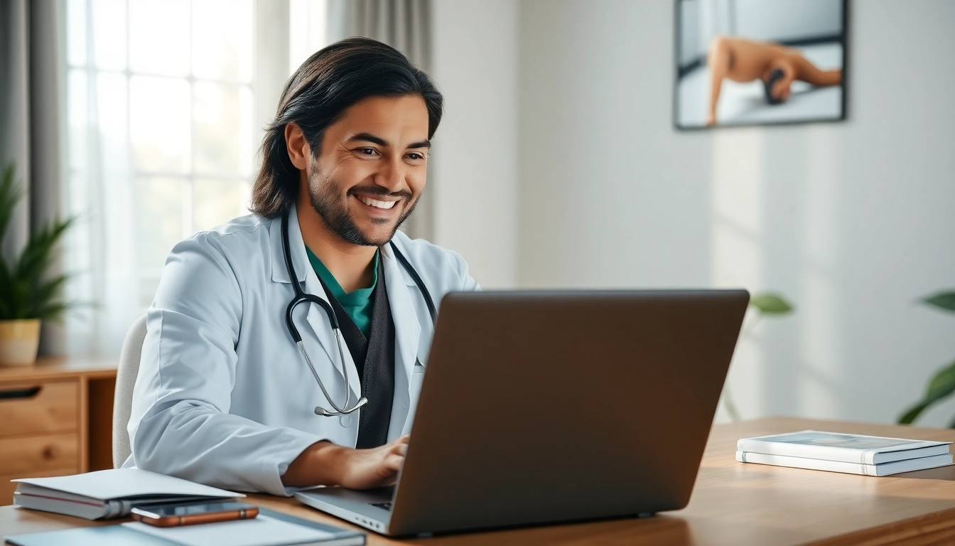 Engaging image of an affordable online doctor consultation with a friendly physician at a laptop.