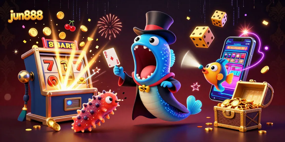 Experience thrilling magic tricks and jackpots with jun888 in an ultra-detailed cartoon casino scene.