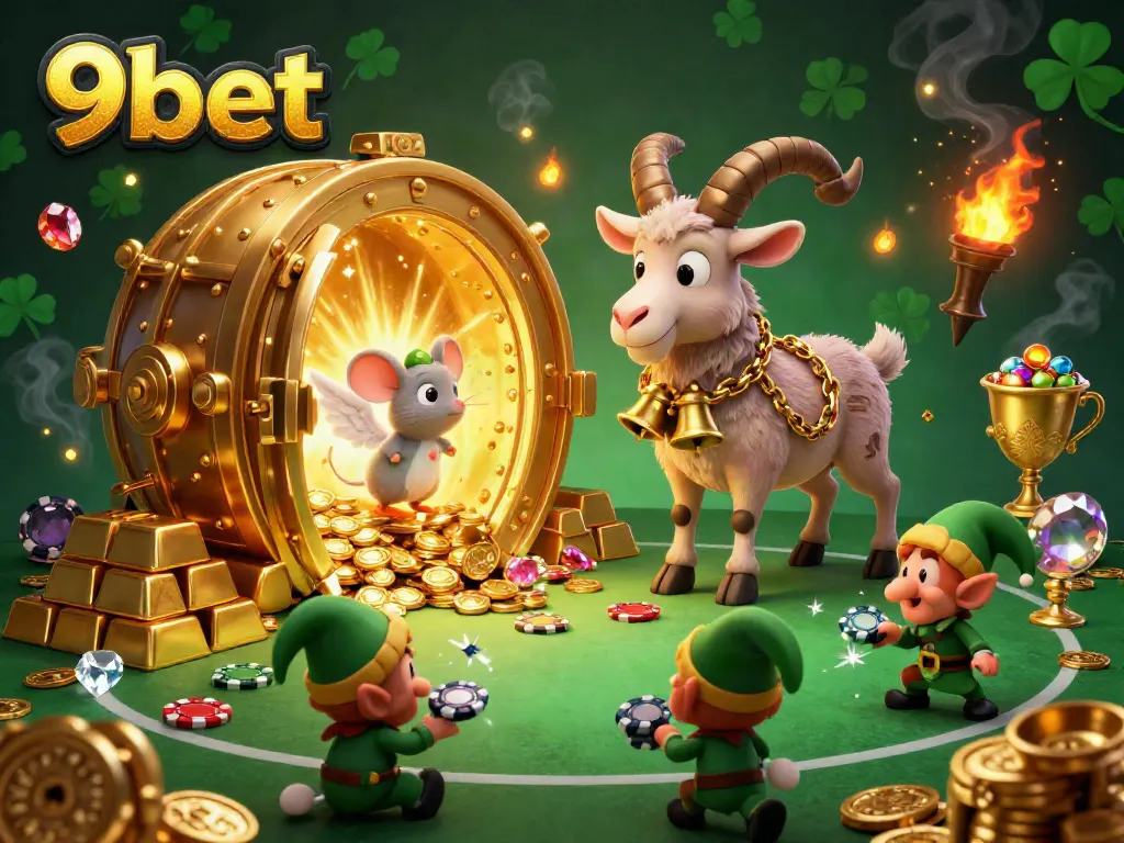 Experience thrilling gameplay at 9bet with a lively casino scene bursting with gold and gems.