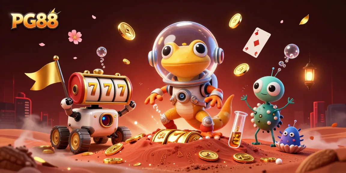 Experience PG88 exciting casino adventure with a Martian gecko discovering wealth in a vibrant scene.