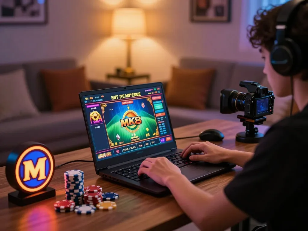 Player enjoying MK8 online casino games on a laptop in a cozy atmosphere, showcasing engaging gameplay.