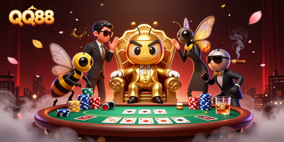Experience the thrilling world of QQ88 with our rich casino illustration featuring poker dynamics and charismatic characters.