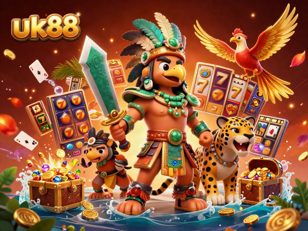 Experience thrilling jackpots with uk88's lively 3D casino illustration filled with energetic game elements and vibrant colors.