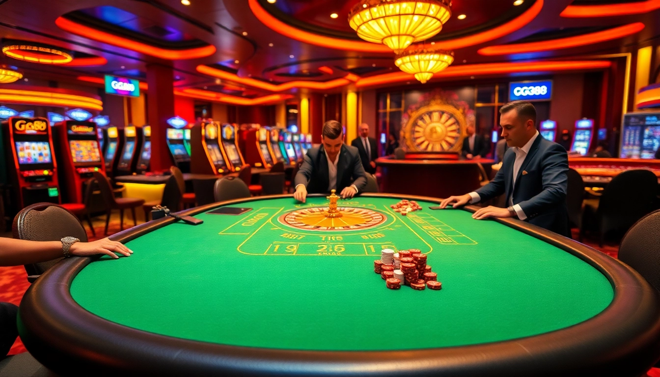 Players enjoying a high-stakes game at GG88's vibrant casino table with colorful slot machines in the background.