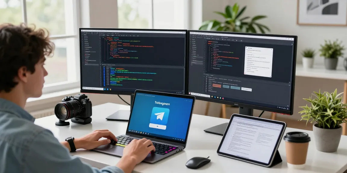 Optimized workspace scene featuring a developer coding, highlighting Telegram download on dual monitors for seamless app experience.