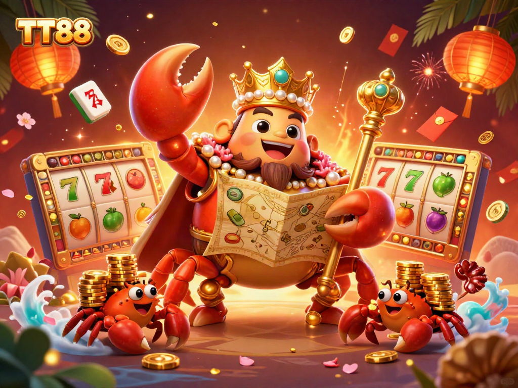 Experience the excitement at TT88 with a lively illustration of a crab emperor and slot reels.