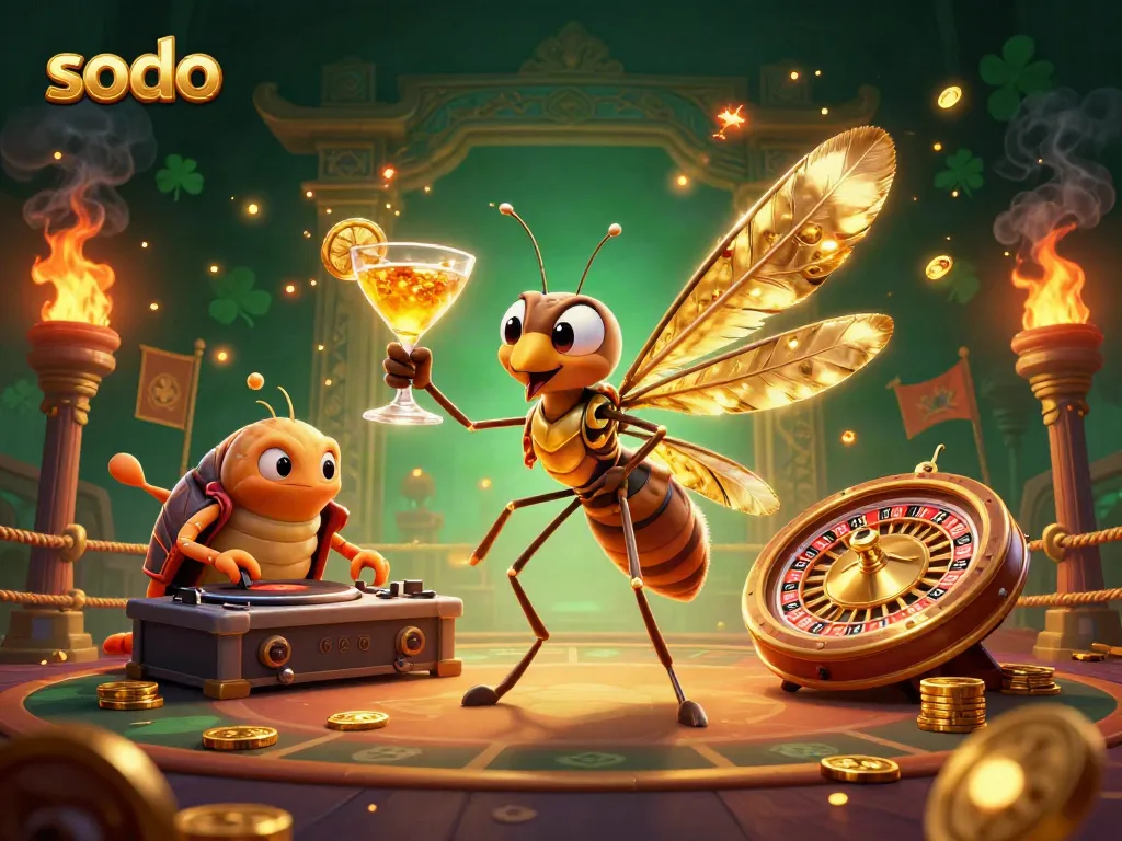 Engage players in sodo casino excitement with a lively 3D scene of a frozen mosquito mascot, trilobite DJ, and roulette wheel.