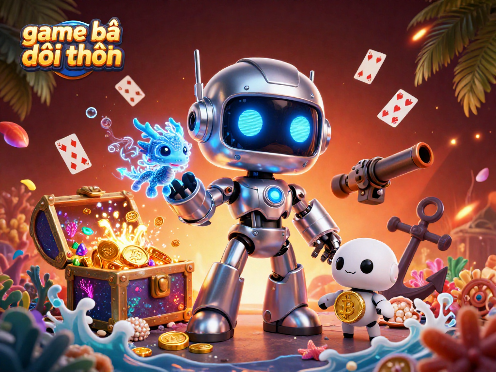 Engage in the thrilling game bài đổi thưởng with our 3D illustrated cyberpunk robot and captivating elements.