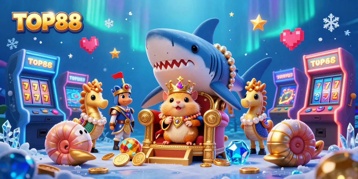 Engage in thrilling slots at TOP88, featuring a hamster king surrounded by colorful casino elements.