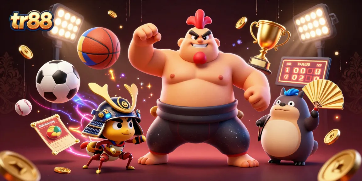 Experience thrilling sports moments at tr88 with dynamic game elements surrounding cartoon characters.