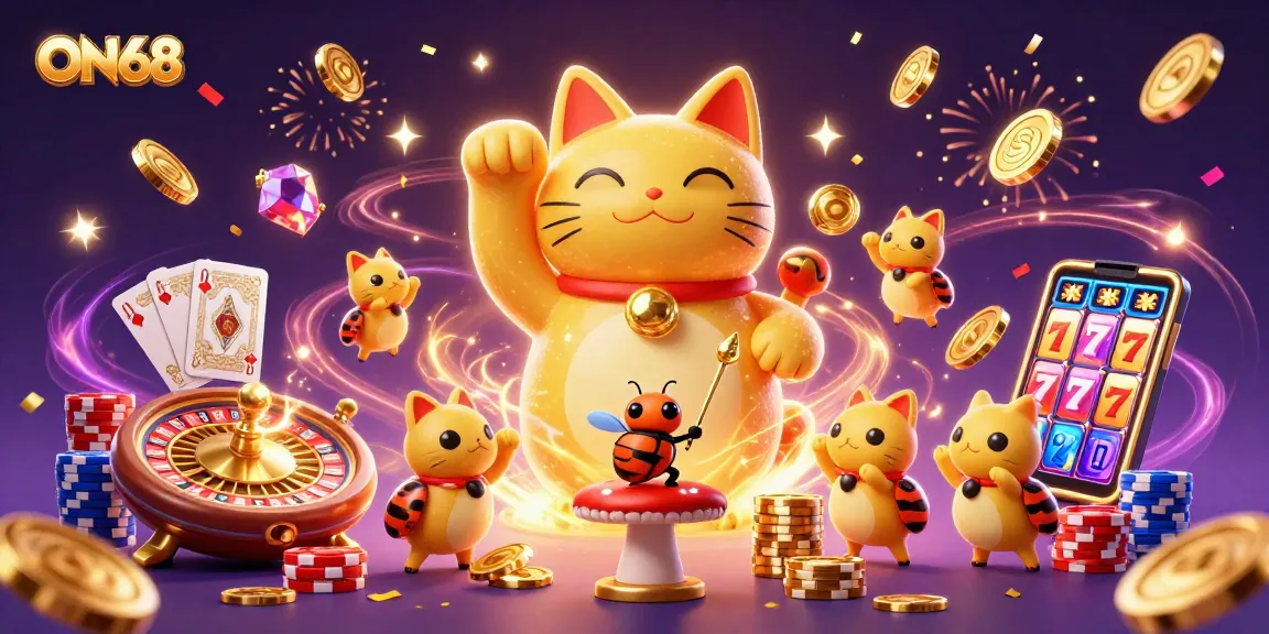 Experience the magic of ON68 with a vibrant and captivating 3D illustration depicting a lucky cat and casino symbols.