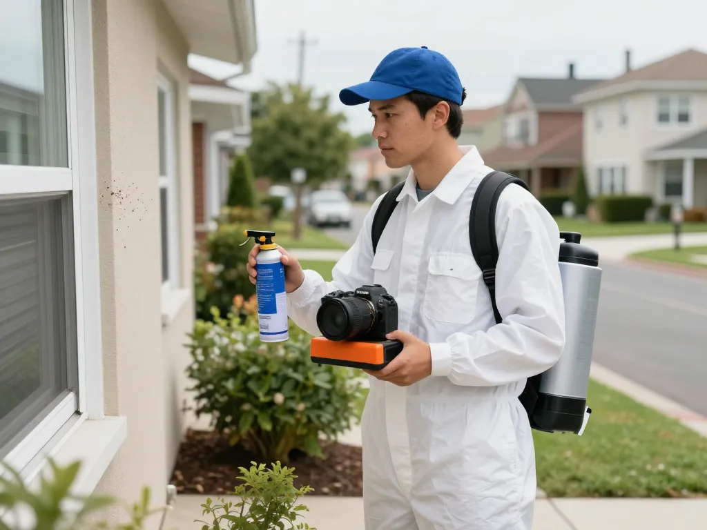 Dedetizadora technician conducting pest inspection with specialized equipment in an urban neighborhood, ensuring effective pest control solutions.