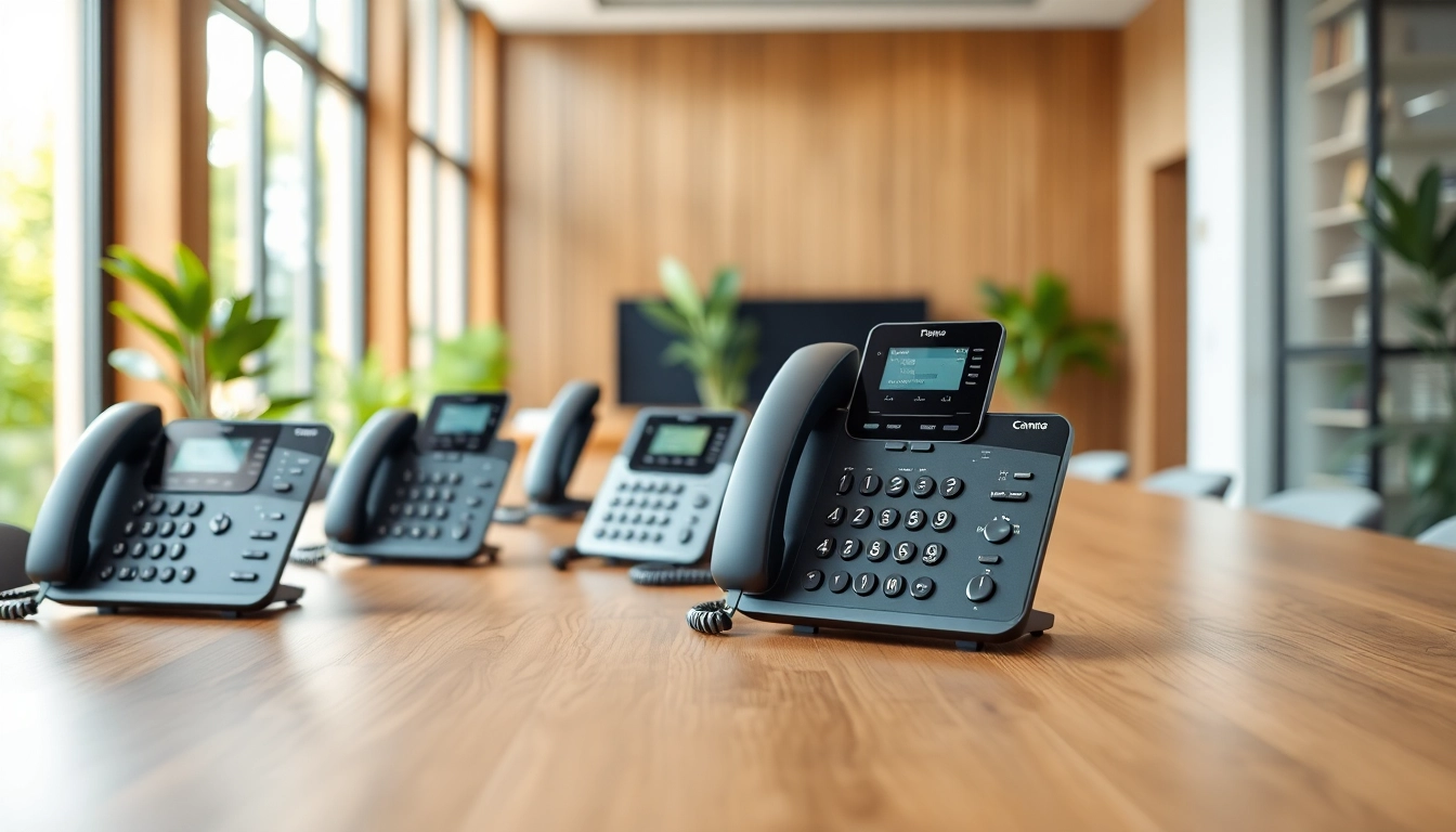 Showcase advanced business phone systems in a modern office setup, highlighting features and functionality.