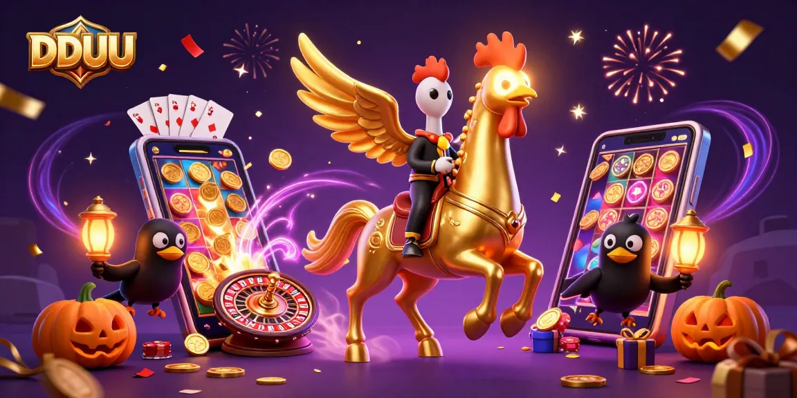 Engage with DDUU's vibrant casino experience, featuring a golden rooster in a midnight scene with dynamic game elements.