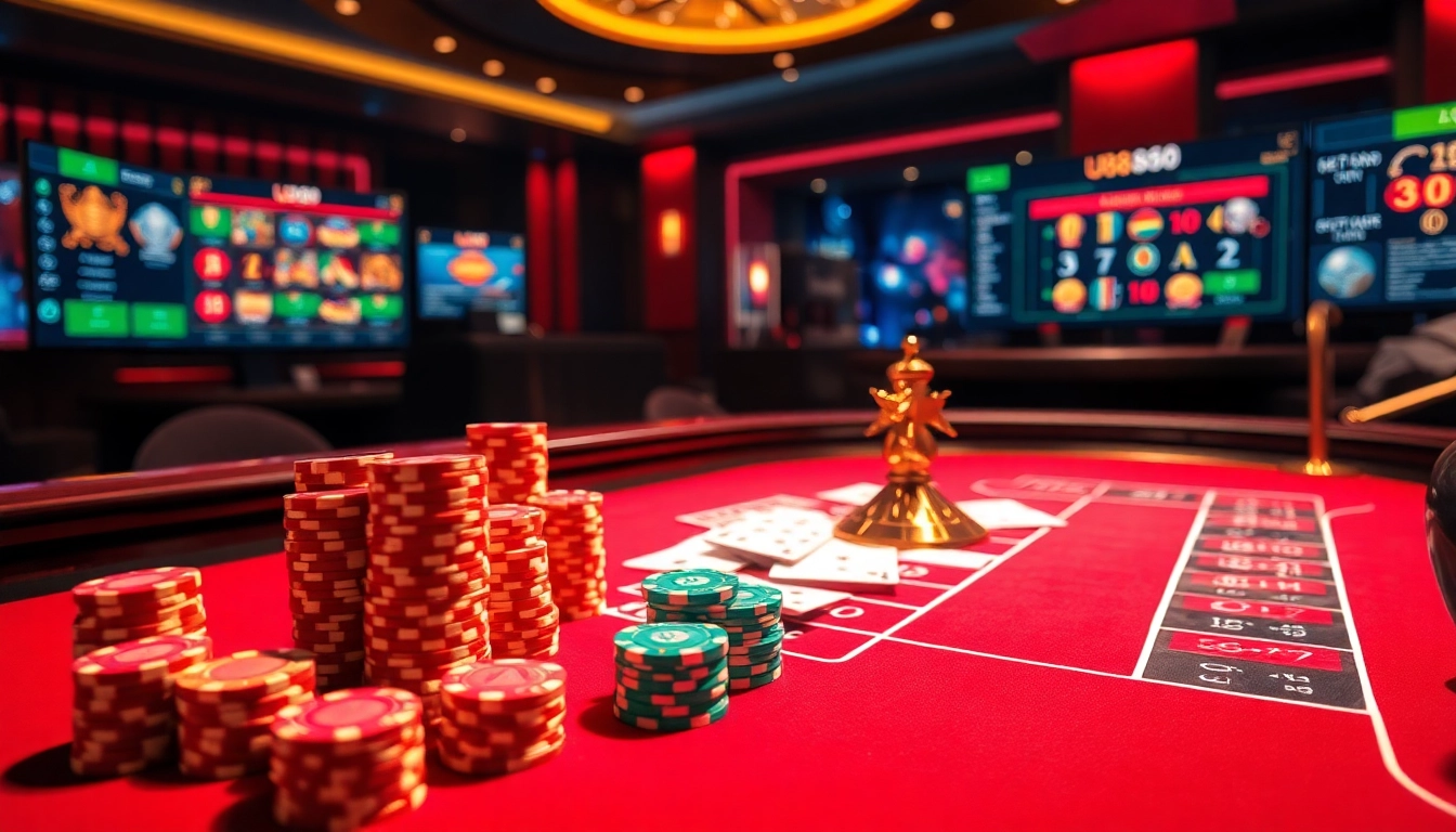 Experience the thrill of u888 with stunning graphics from an online casino environment featuring poker chips, roulette, and slots.