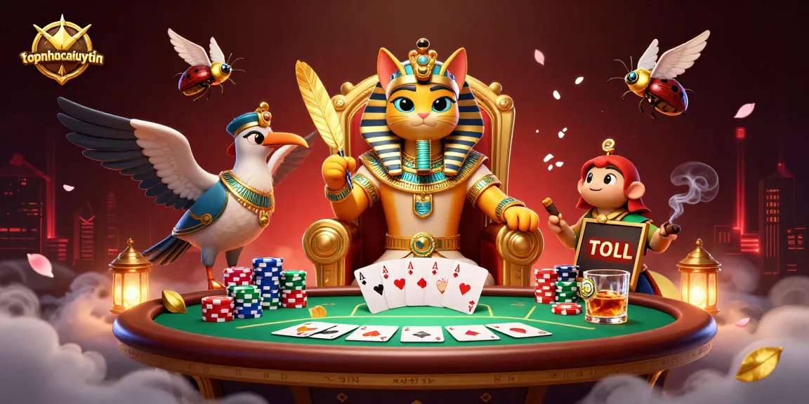 Engage with topnhacaiuytin through a lively casino scene with Egyptian-themed characters and vibrant poker gaming elements.