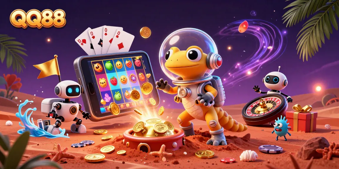 Experience QQ88's thrilling Martian casino adventure with animated characters and vibrant game elements.
