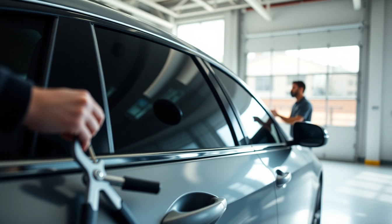 Apply window tint Chattanooga expertly on a sleek car, showcasing precise installation techniques.
