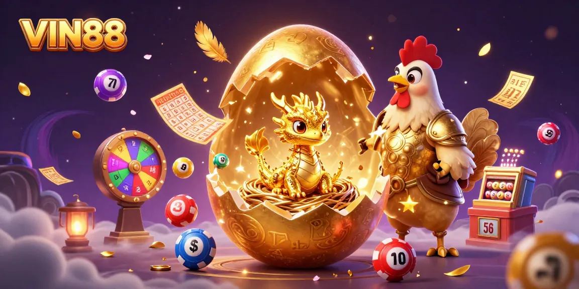 Experience excitement with VIN88 as a golden dragon emerges from a nest of poker chips amid vibrant lottery elements.