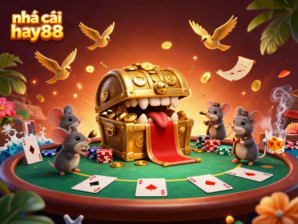 Engaging scene showcasing nhà cái hay88 with a treasure chest, colorful chips, and cards.
