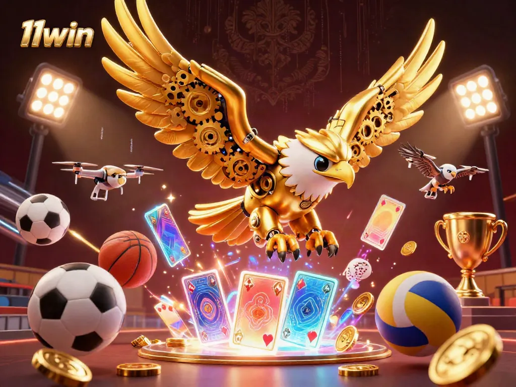 Experience the thrill of 11win with a dynamic scene of a golden eagle and sports elements fusing casino excitement.