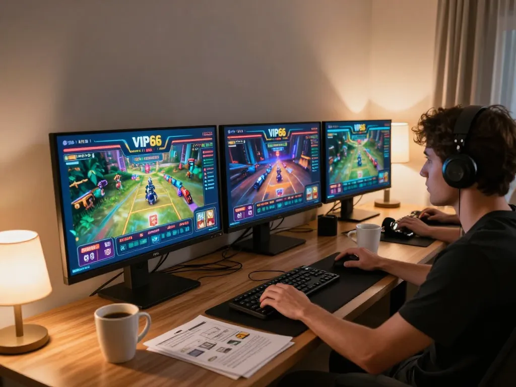 Engaging in vip66 online casino on multiple screens, showing immersive gaming experience at home.
