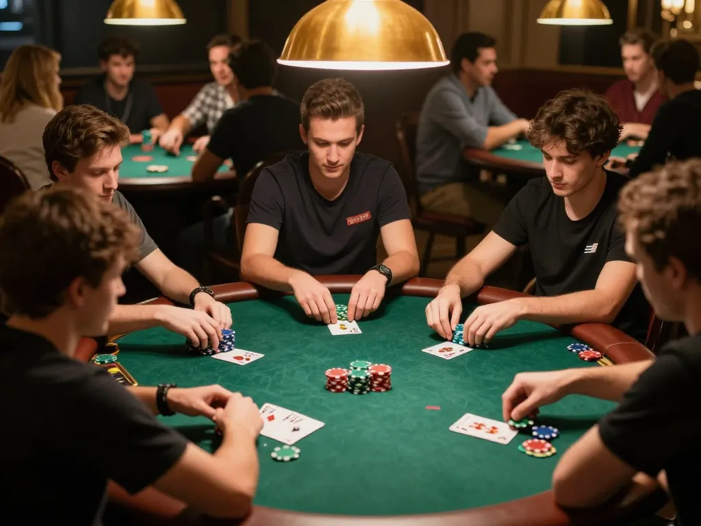 Winning at 399w poker table featuring players and colorful chips in a lively atmosphere