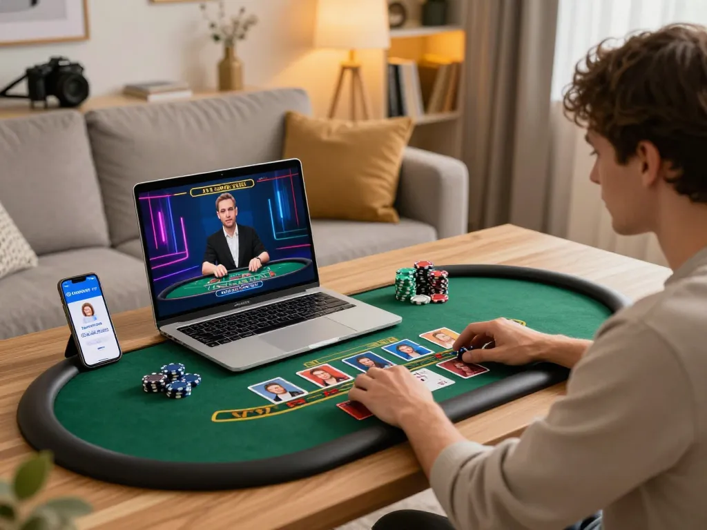 Engaging in live dealer blackjack on 99ok's platform from a cozy home desk setup.