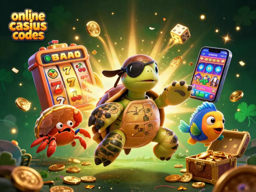 Activate exciting online casino bonus codes with our playful pirate turtle, treasure, and vibrant casino elements.