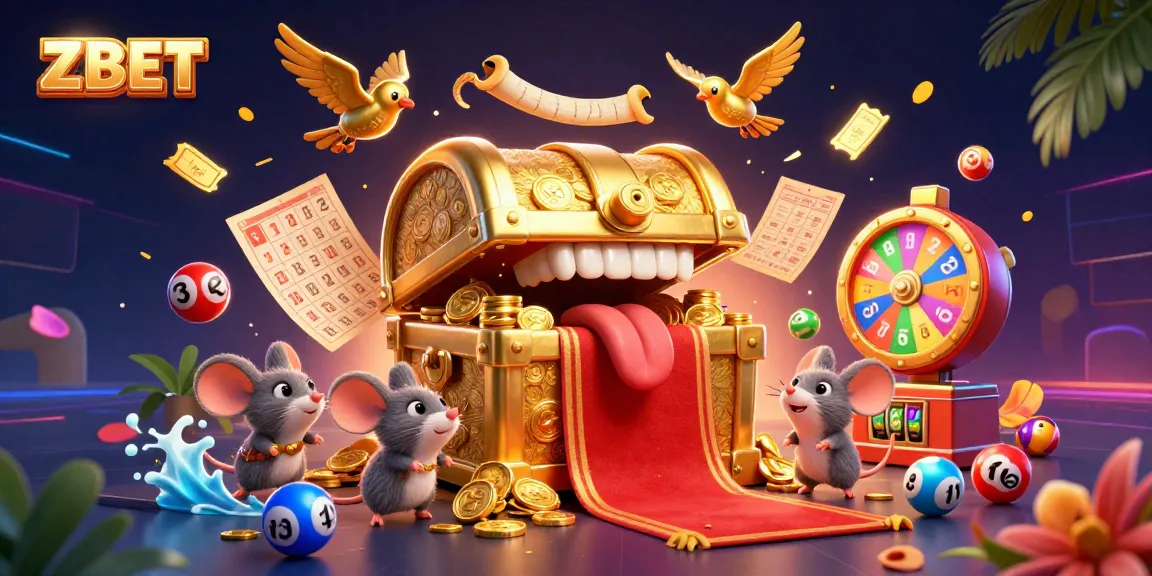 ZBET captivates players with a vibrant casino scene filled with colorful lottery elements and a treasure chest.