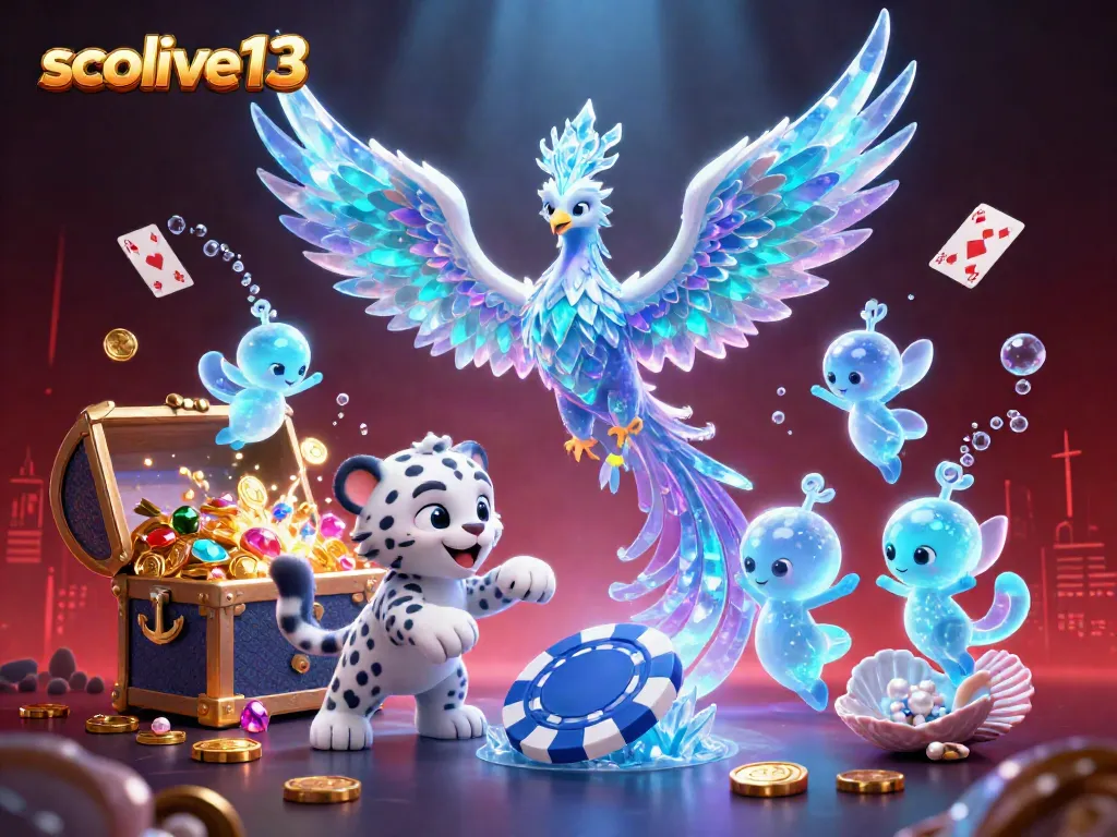 Engage with socolive13's captivating illustration of an ice phoenix and casino-themed elements, showcasing dynamic gaming action.
