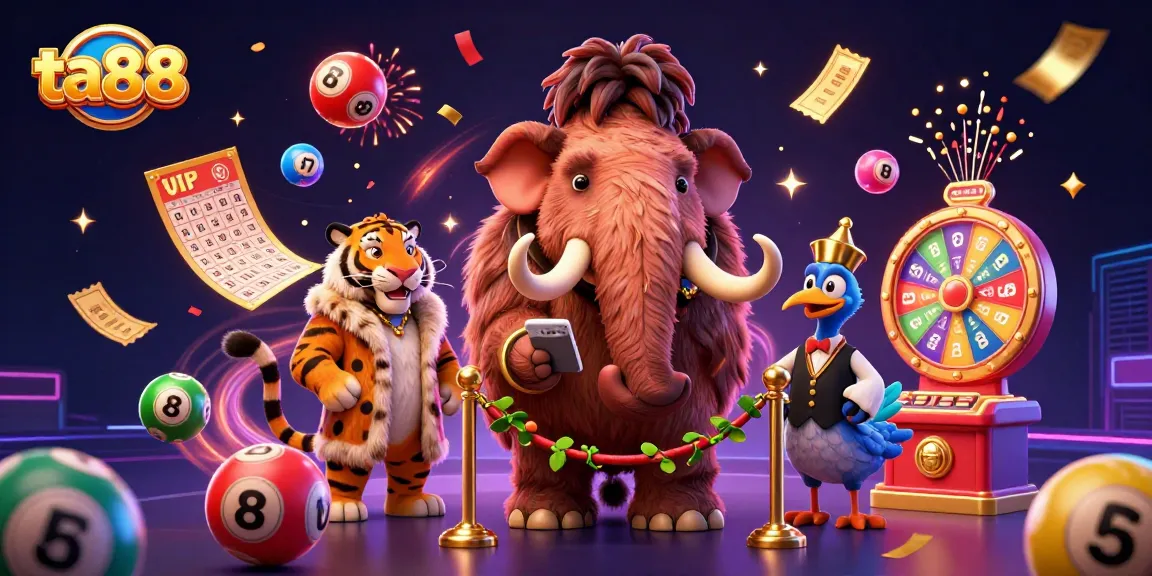 Engage in thrilling casino action with ta88, where a mammoth checks IDs, surrounded by lively lottery elements.