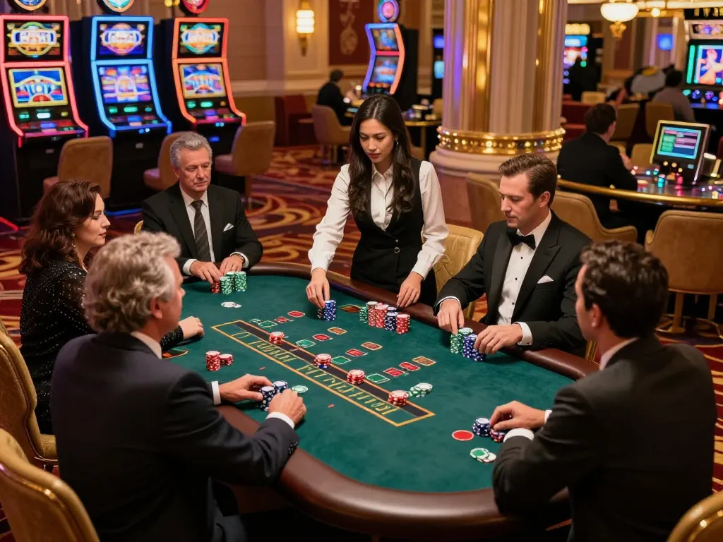 Players at ta88ai.com enjoying a high-stakes blackjack game in a luxurious casino.