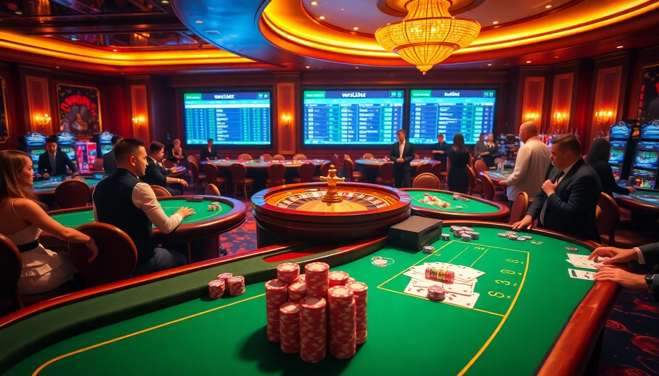 Exciting scene showcasing players engaging in various games at soibet ออนไลน์ casino, with vibrant tables and dynamic lighting.