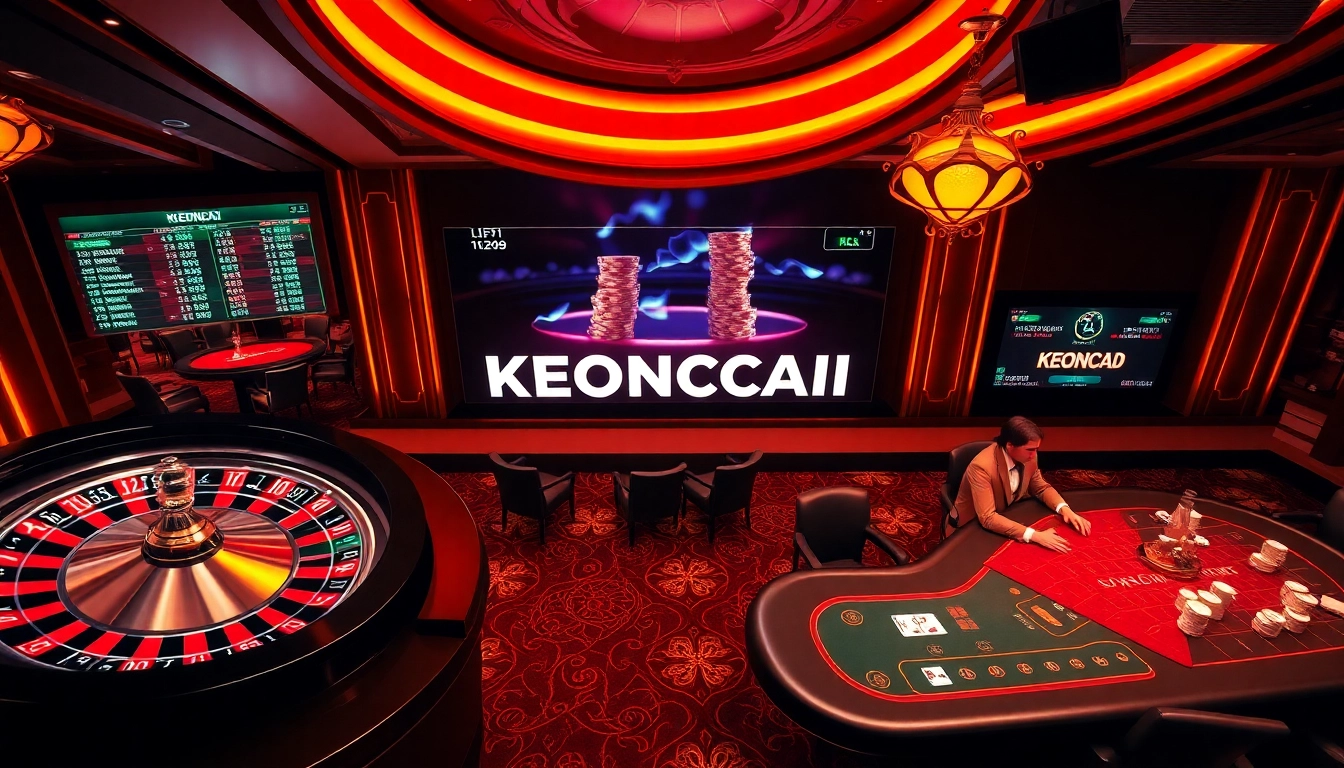 KEONHACAI vibrant casino scene with players at a blackjack table and a roulette wheel.