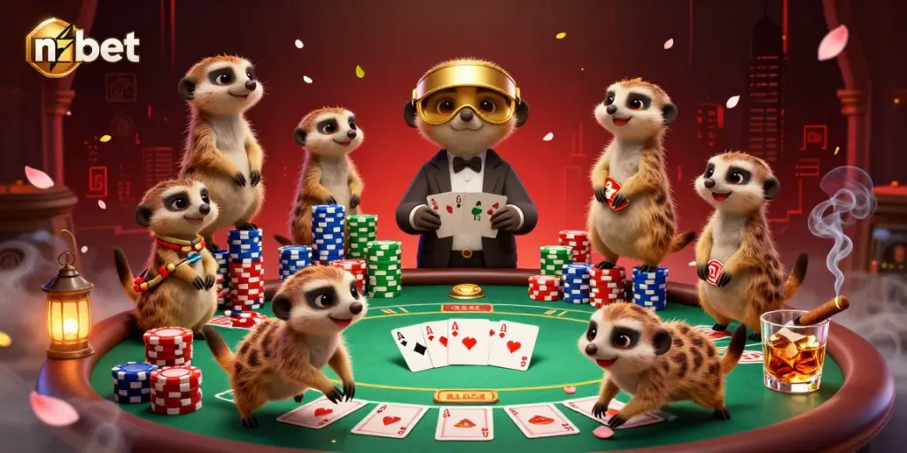 Experience thrilling gameplay at nbet with meerkats operating a dynamic casino scene, complete with poker elements.