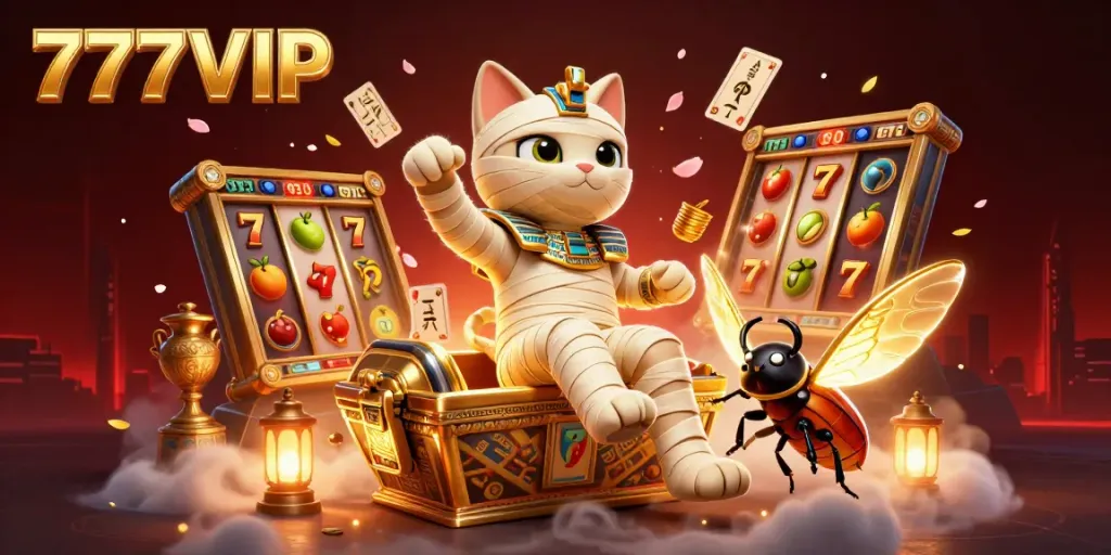 Watch the 777VIP Egyptian mummy cat celebrate with vibrant slot elements in a dynamic casino scene.