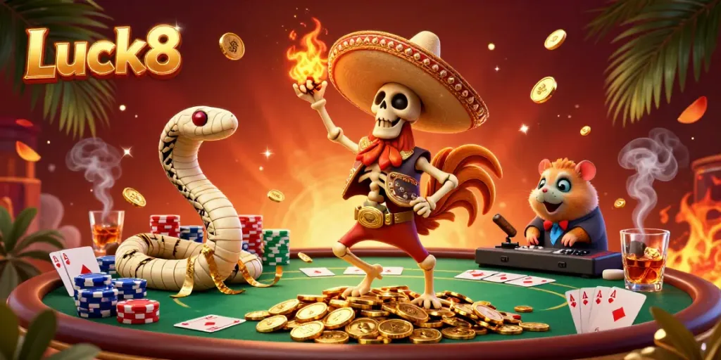 Experience the vibrant celebration of Luck8 with a lively illustration of a mariachi skeleton surrounded by poker chips and winnings.