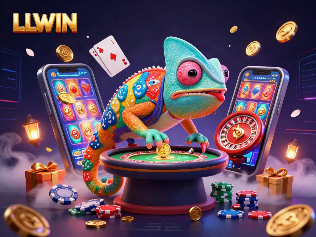 Engage with LLWIN's vibrant casino scene featuring a chameleon owner amidst golden coins and gaming elements.