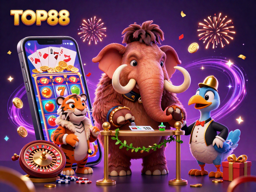 Engaging illustration of TOP88's vibrant casino scene with the woolly mammoth bouncer and VIP guests enjoying games.