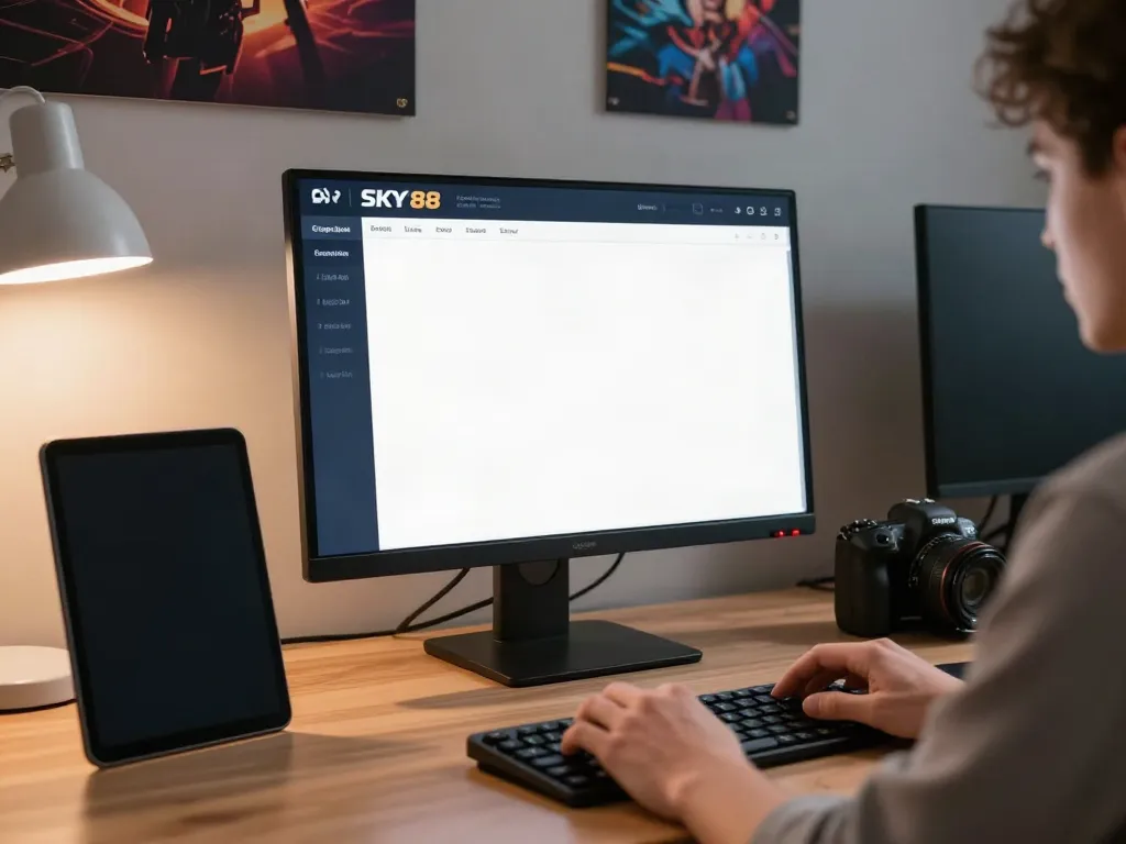 Engaged user exploring SKY88 online gambling platform with laptop and smartphone.