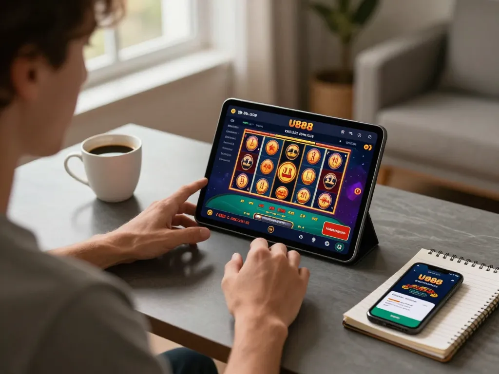 Engage with U888 online casino games on a tablet in a cozy home setup, showcasing tablet interface.