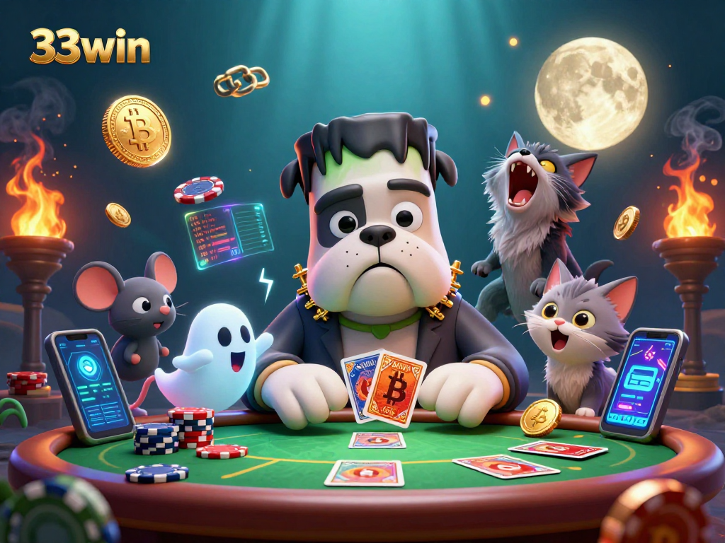 Join the thrilling 33win action with a spooky poker scene featuring vibrant characters and crypto elements.