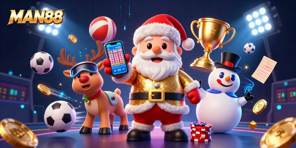 MAN88 slots entertainment featuring Santa Claus, reindeer, and a snowman in a vibrant casino