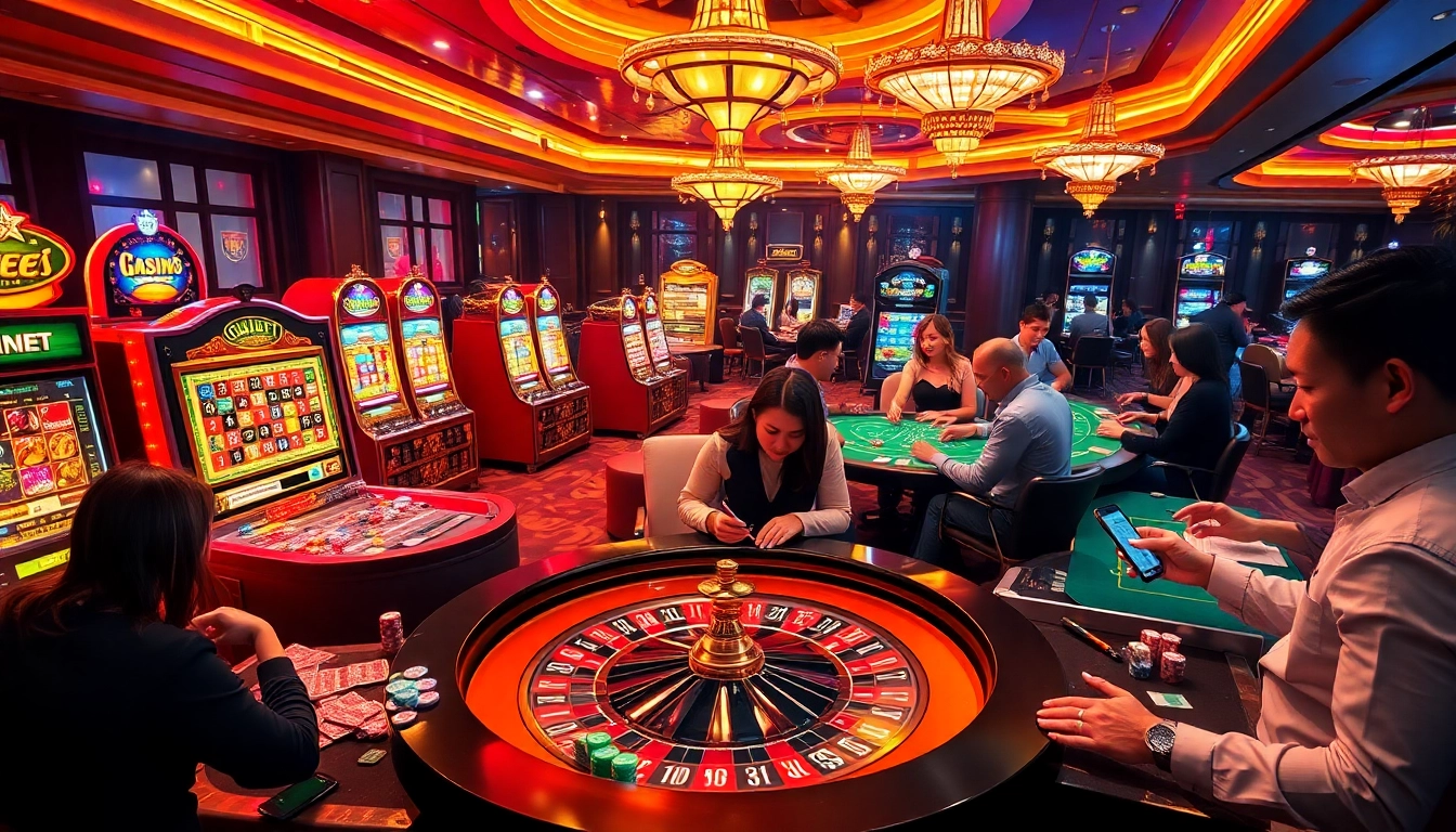 Exciting gambling scene showcasing soibet ออนไลน์ with players at roulette and poker tables.