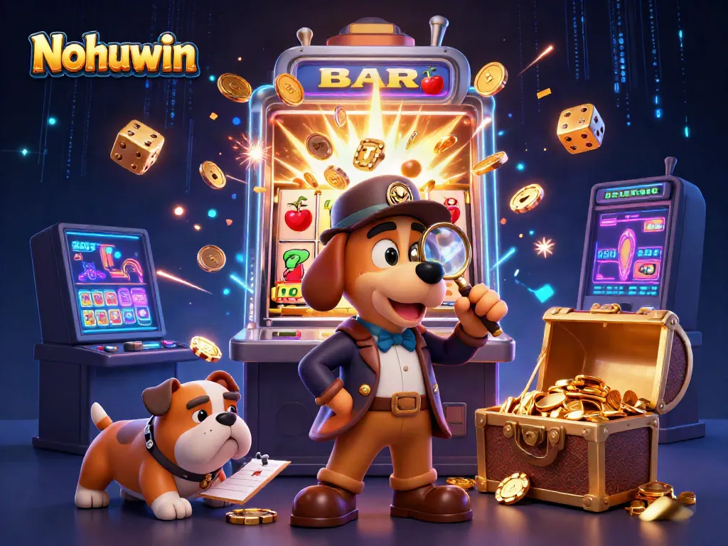 Nohuwin scene showcasing a detective and bulldog among vibrant casino elements and jackpots.